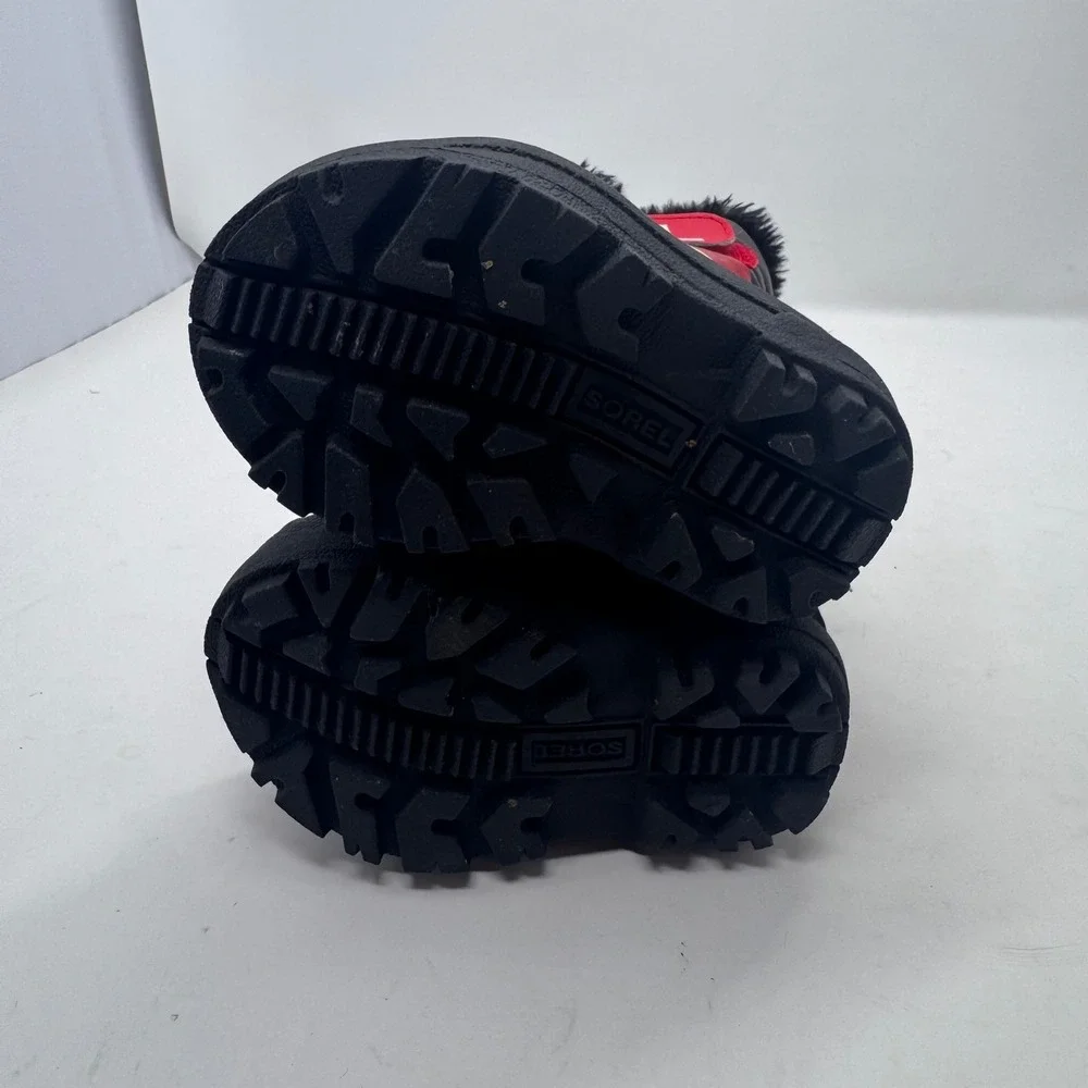 Kids Sorel Black Red Faux Fur Lined Winter Snow Boots Size 5 Toddler